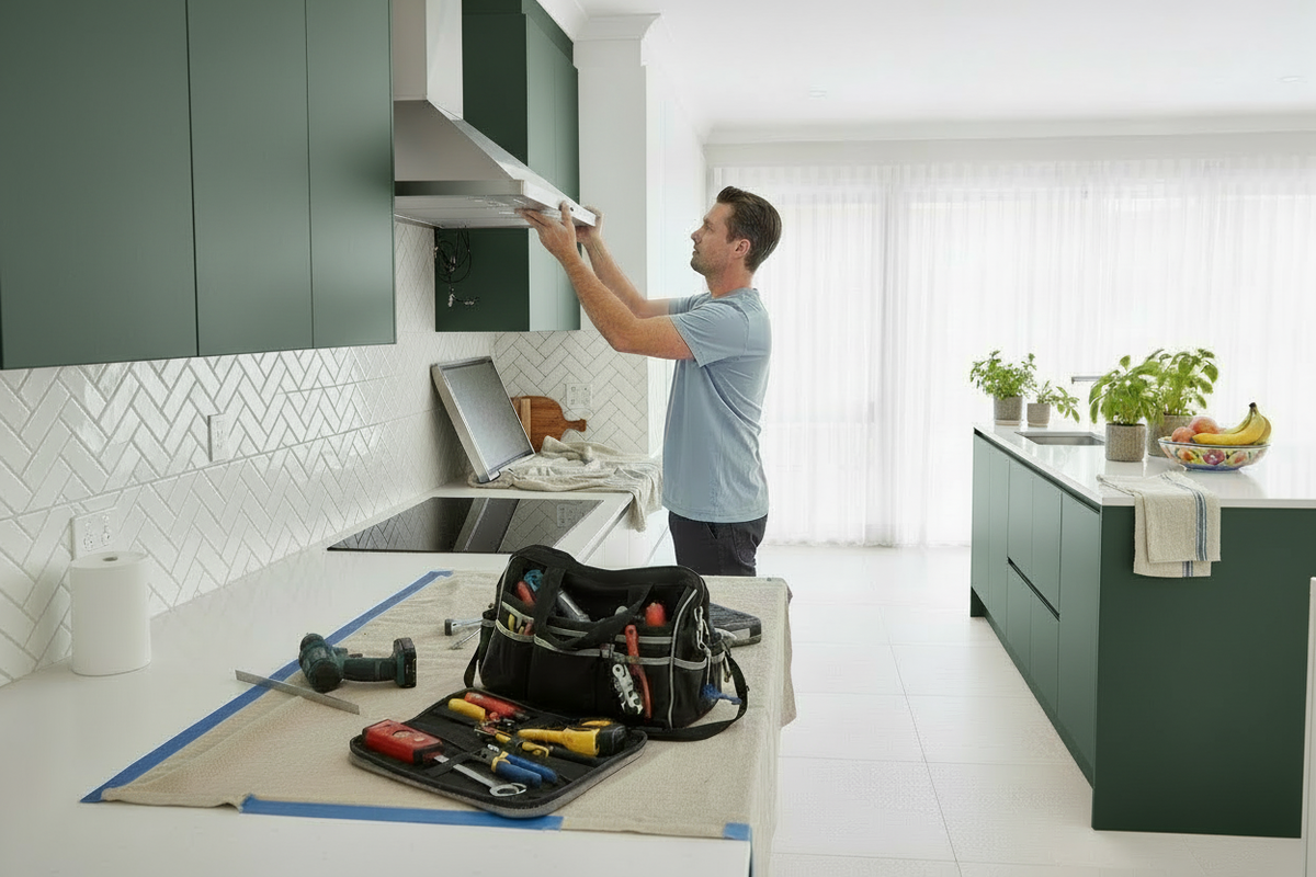 Man installing a chimney mounted rangehood in a kitchen