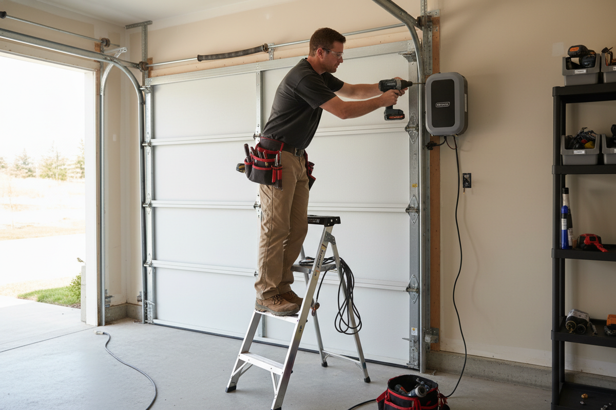 Man working on a ladder inside a garage to install a side mount garage door opener.