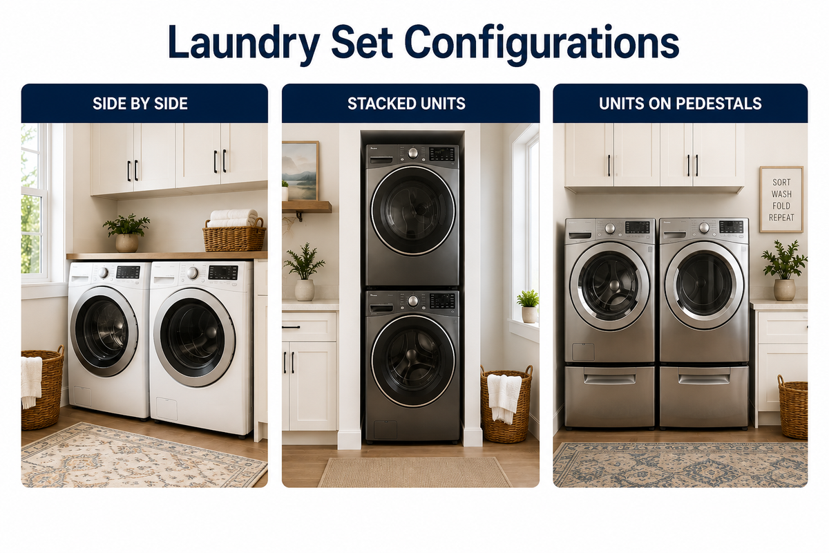 Three configurations of laundry sets: side by side, stacked units, and units on pedestals.