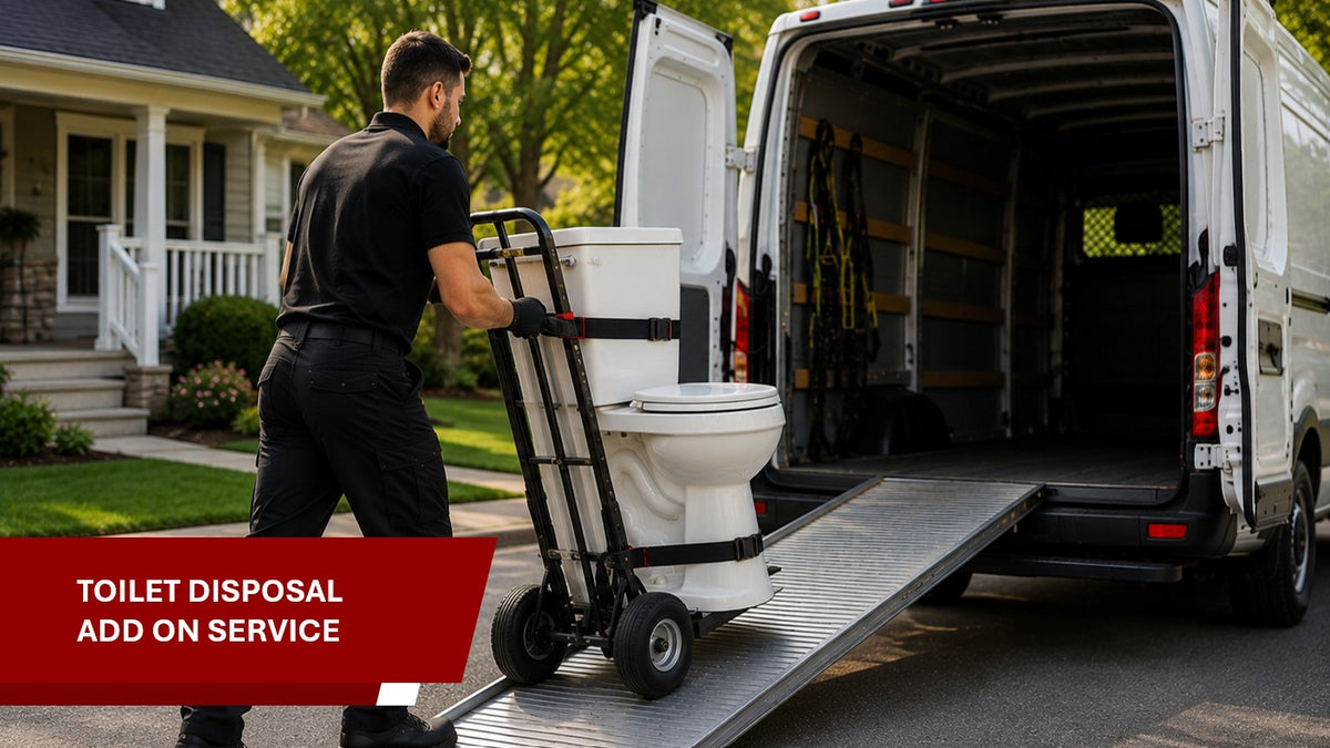 Man pushing a dolly with a toilet towards a utility van, with text 'Toilet Disposal Add On Service' at the bottom.