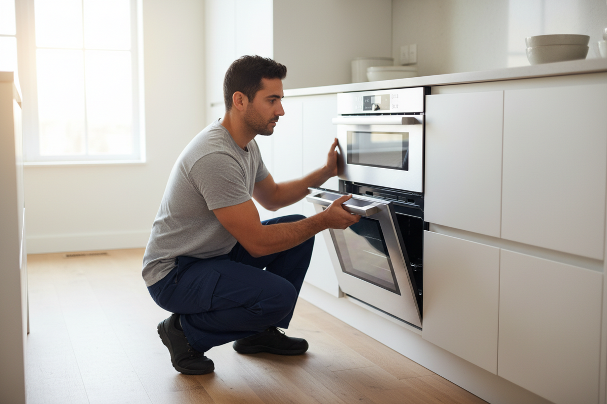 Man installing an electric wall oven in a kitchen