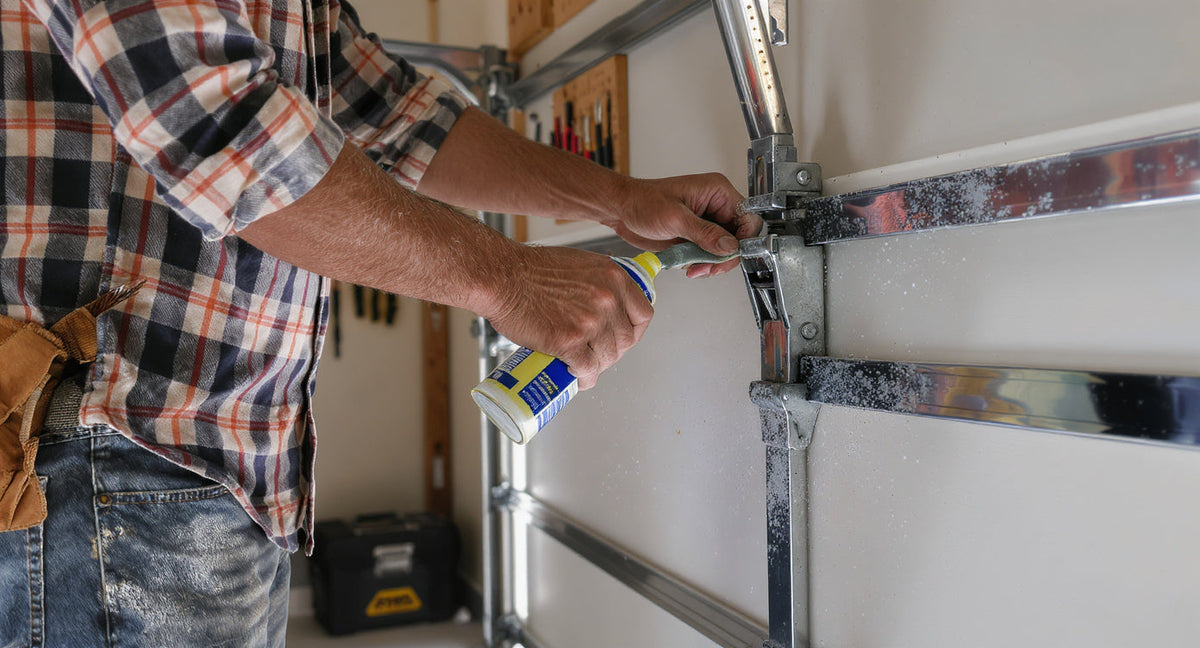 Person lubricating a garage door