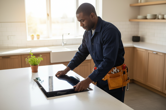 Person installing a an electric cooktop in a kitchen