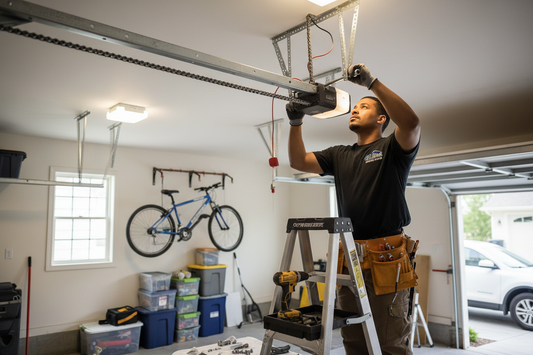 Person installing an overhead garage door opener in a home garage.