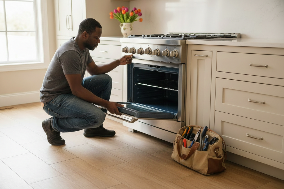 Man working on a gas range with tools in a kitchen