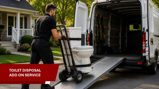 Man pushing a dolly with a toilet towards a utility van, with text 'Toilet Disposal Add On Service' at the bottom.