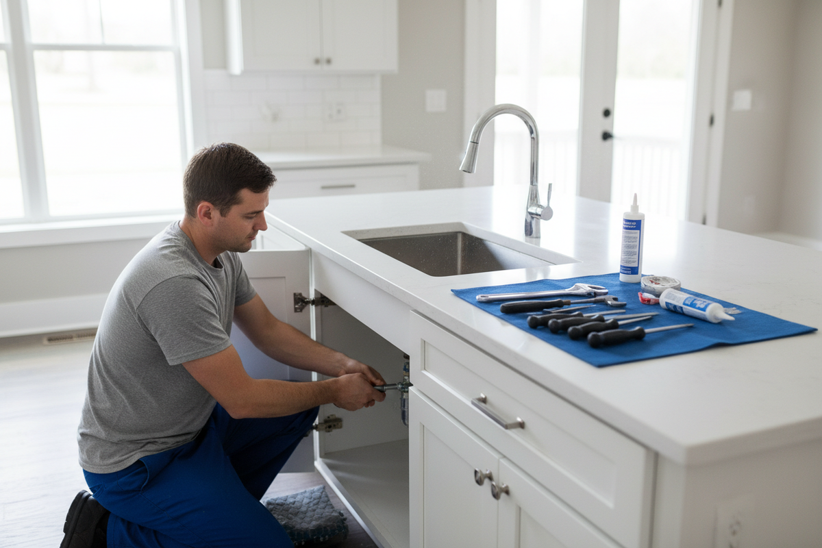 Man working on a kitchen sink with tools on a blue mat