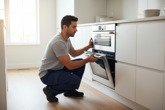 Man installing an electric wall oven in a kitchen