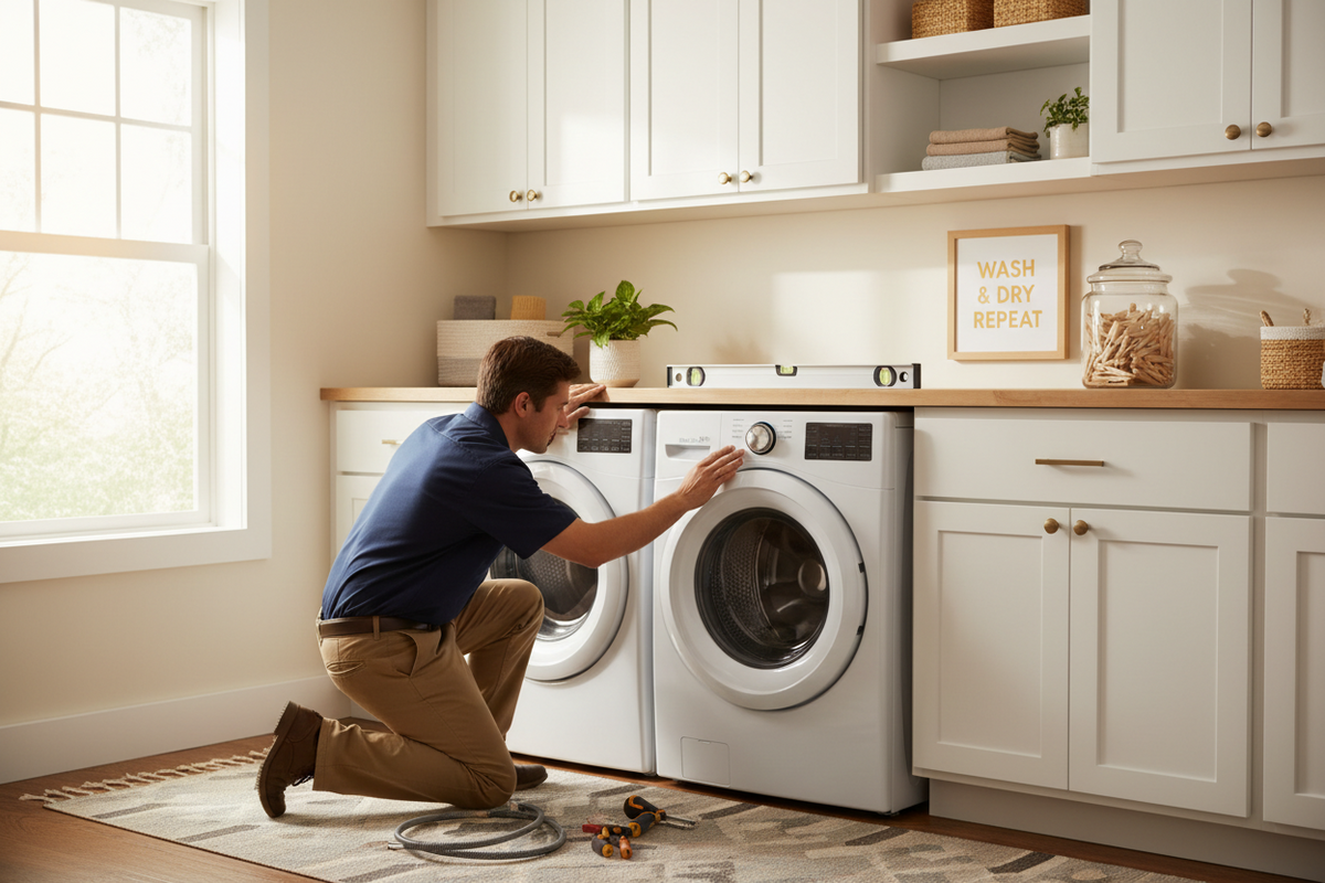 Man installing a washing machine and dryer set in a laundry room. 