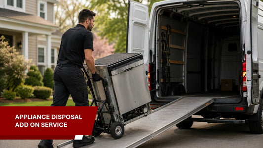Man pushing a appliance on a dolly towards an open van with 'Appliance Disposal Add On Service' text.