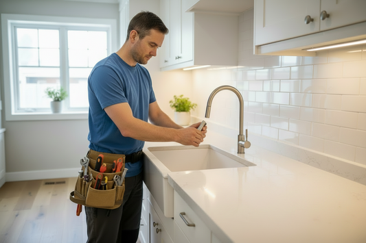 Man in a blue shirt with tool belt working on a kitchen sink.